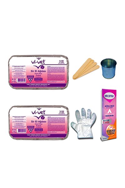 Vi-vet Vivet Pudralı Kalıp Sir Ağda 400 ml 2 Adet Full Set Eldiven Kova Ağda Cubuğu Ağda Bezi