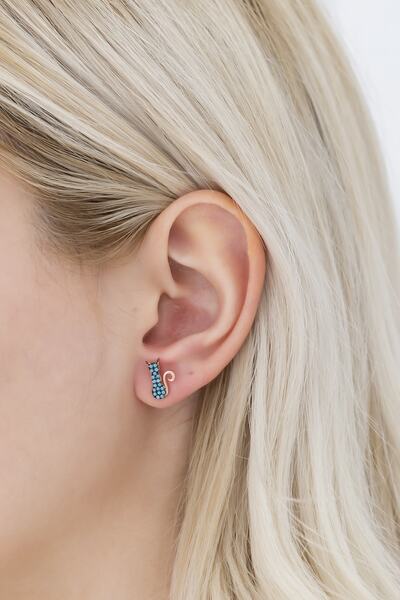 Nereze 925 Ayar Minik Turkuaz Kedi Küpe Kadın Gümüş Küpe