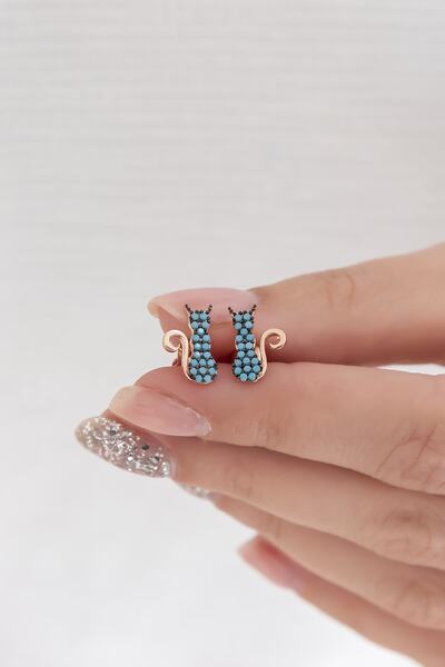 Nereze 925 Ayar Minik Turkuaz Kedi Küpe Kadın Gümüş Küpe