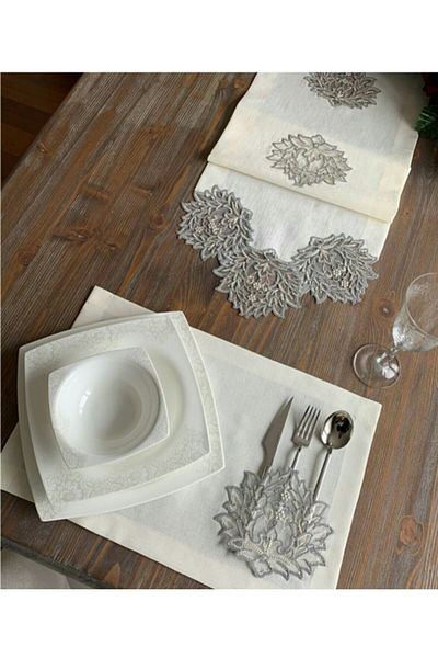 AYZEN HOME Gardenya French Laced Linen Kumastan Runner and 12 Pieces of American Service 13 Pieces