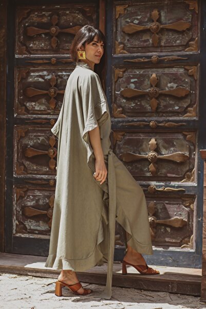 Kadın Haki Keten Kaftan Kimono