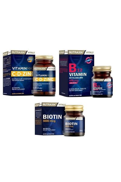 Nutraxin Vitamin B12 - 1000 Mcg 60 Tablets, Vitamin Max - 60 Tablets, Biotin 5000 Mcg 30 Tablets