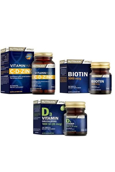 Nutraxin Vitamin D3 - 1000 IU 120 Tablets, Vitamin Max - 60 Tablets, Biotin 5000mcg - 30 Tablets