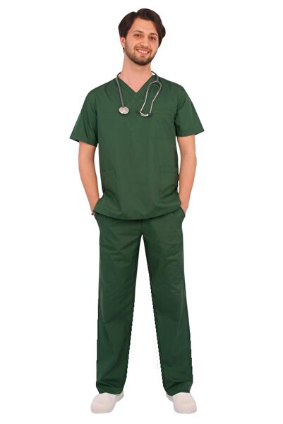 Emel Tekstil Doktor Likralı Terikoton Erkek Koyu Yeşil Forma V Yaka Takım Uni...