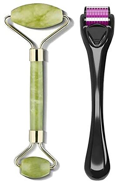 Sildne Dermaroller 1 mm 540 İğneli Cilt Yenileme Aleti + Jade Roller 2'li Yeş...