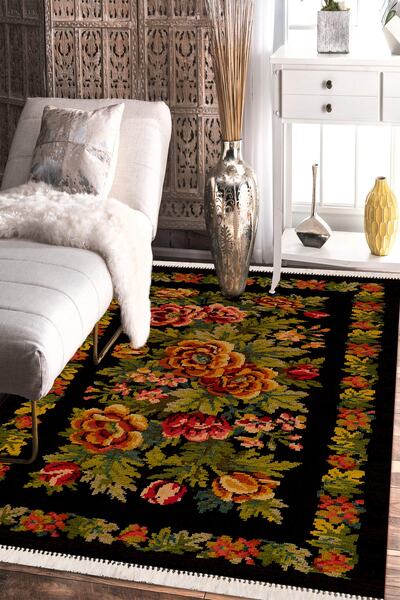 Modern home Karabag Çiçek Motifli Halı Yolluk Kolay Temizlenebilen Deri Kayma...