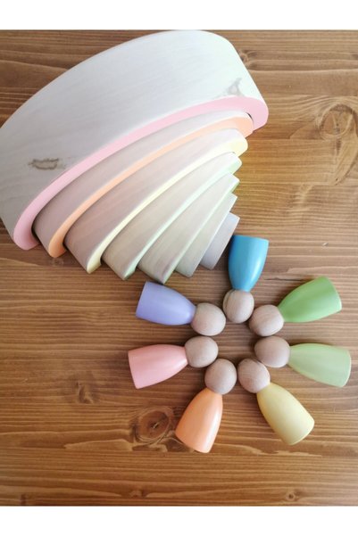 Mesu Ahşap Oyuncaklar 7-Piece Waldorf Soft Wooden Rainbow and Peg Doll Play Set Colorful