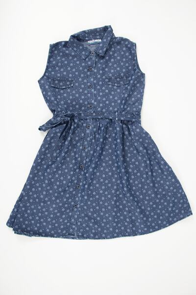 TheCatu فستان دينم منقوش بياقة قميص وبدون أزرار أكمام