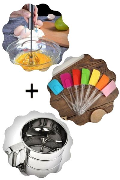 Hyd Steel Flour Sieve + Automatic Whisk + Colorful Silicone Spatula Set