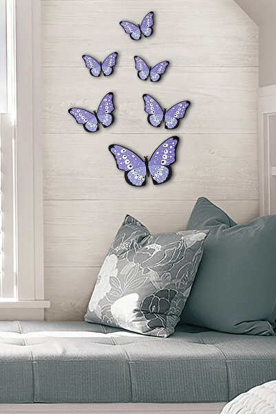 YÖRÜK TASARIM Kelebek Figürlü 6 Parça Mor Benekli Ahşap Duvar Yapıştırma Süsü