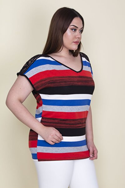 Şans Women's Large Size Colorful Shoulders Lace Detailed V-Neck Striped Blouse 65n25647