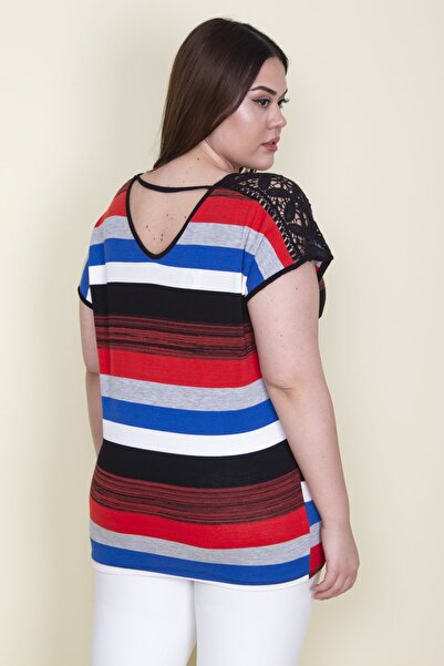 Şans Women's Large Size Colorful Shoulders Lace Detailed V-Neck Striped Blouse 65n25647