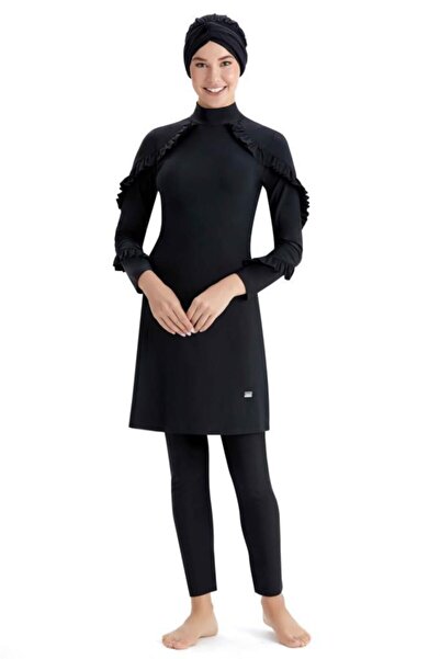 Adasea Siyah Lycralı Fırfırlı Tasarım Tesettür Mayo 2021 4104