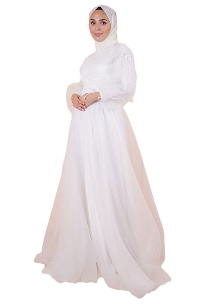 SpringStore فستان سهرة حجاب بأكمام بالون إكرو للنساء