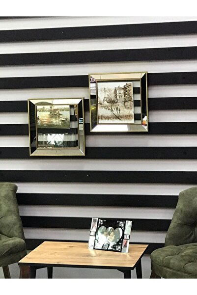 Özcam Ayna Ve Çerçeve 2li Dekoratif Duvar Salon Ofis Altın Çerçeveli Ayna 40x40
