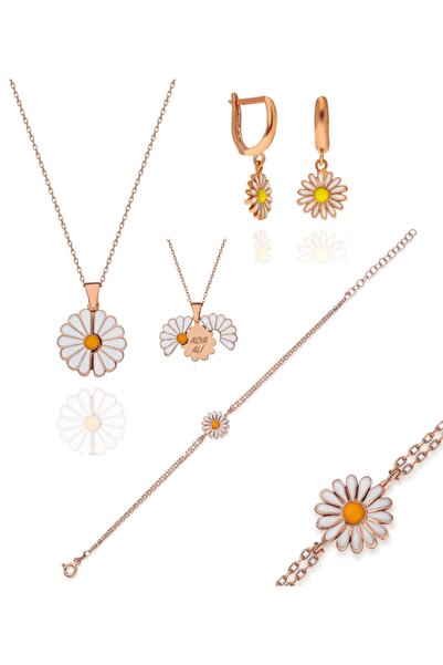 erkoç gold & silver 925 Ayar Gümüş 3'lü Isimli Papatya Kolye Küpe Bileklik Set