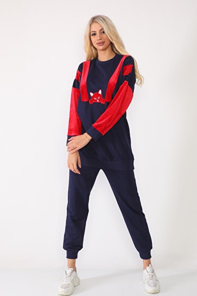 WestBound Women's Navy Blue Velvet Garnished Cat Tracksuit