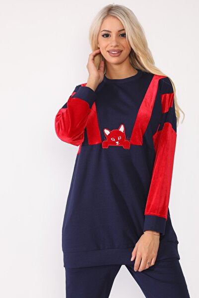 WestBound Women's Navy Blue Velvet Garnished Cat Tracksuit