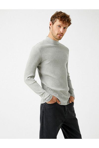 Koton Men's Gray Ribbed High Collar Cotton Sweater