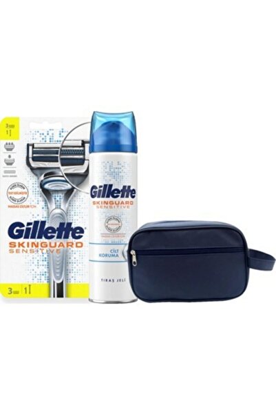Gillette Skinguard Tıraş Makinesi + 3'lü Yedek Bıçak + Tıraş Jeli 200ml + Çanta