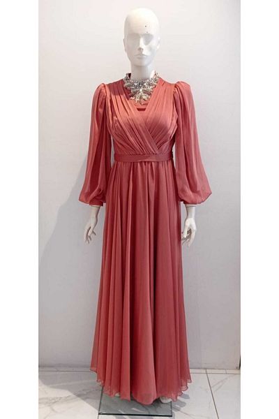 Hennin Women's Flared Cut Collar Stone Embroidered Double Breasted Cut Evening Dress