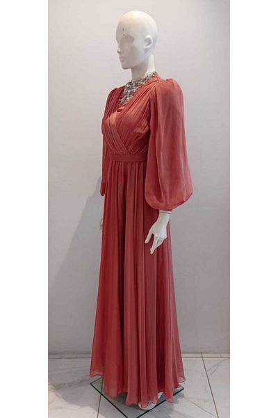 Hennin Women's Flared Cut Collar Stone Embroidered Double Breasted Cut Evening Dress