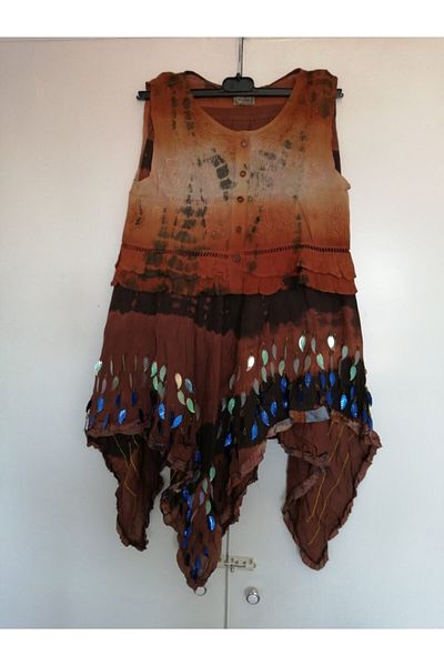 Butik Tülin Authentic Cotton Tan Tie-Dye Sequined Handkerchief Skirt Embroidered Blouse Double Set