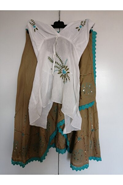 Butik Tülin Otantik Pamuk Bej Cırt Cırtlı İşli Etek Şile Bezi Beyaz İşli Bluz...