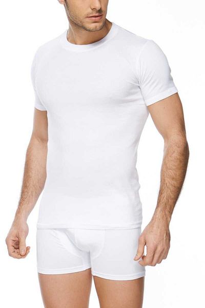 Q-EN Tricou alb din bambus cu gât crew pentru bărbați
