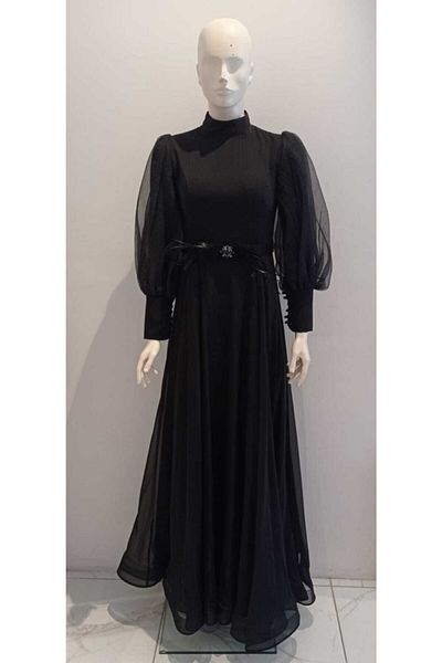 Hennin Women's Puffy Sleeve Belted Flared Cut Evening Dress