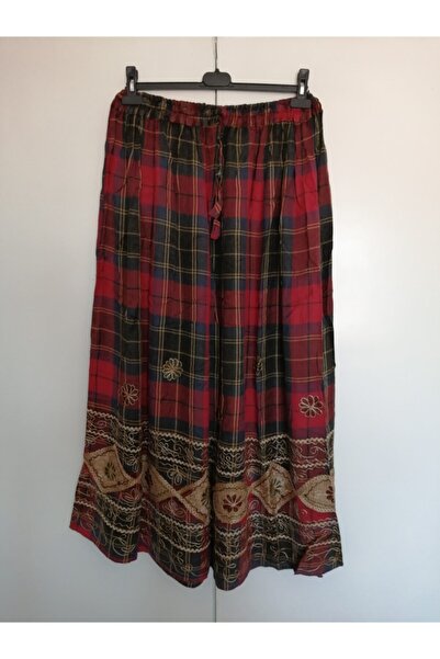 Butik Tülin Otantik Viskon Kırmızı Lacivert Ekose Nakışlı Etek