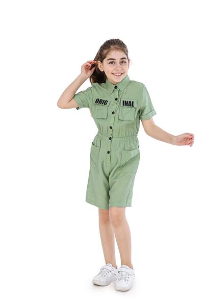 Smile Kids Kız Çocuk Yeşil Baskılı Cep Kapaklı Kısa Çıtçıtlı Tulum