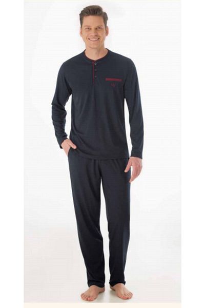 Eros Σετ πιτζάμες O Placket Μακρυμάνικο Ανδρικό Δώρο Γαμπρός σε κουτί Navy Blue