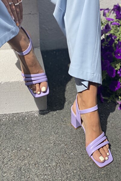 İnan Ayakkabı Lilac Color Women's Three Bands and Ankle Belt Detailed Heeled Shoes 6 Cm