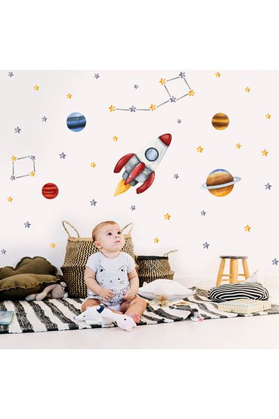 Tilki Dünyası Spacecraft Planets Yellow And Gray Stars Kids Room Wall Sticker
