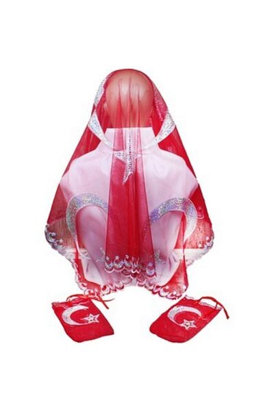 Halay Kına Sequin Crescent and Star Red Soldier Cover Veil with 2 Gloves Gift