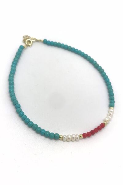 Erer Gümüş Gümüş Toplu Firuze Inci Ve Mercan Taşlı Halhal Gl46u89