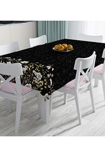 Realhomes Siyah Zemin Üzerinde Gold Detaylı Çiçek Desenli Dijital Baskılı Mas...