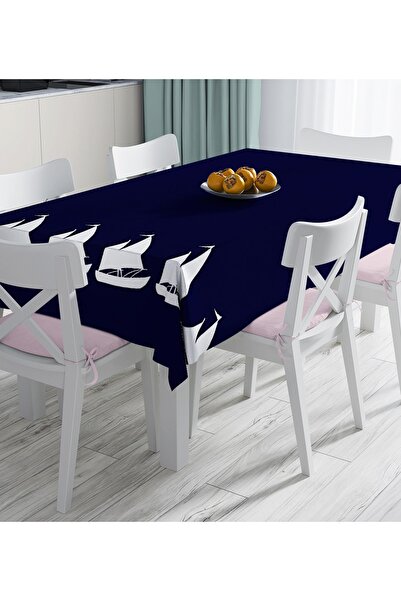 Realhomes Lacivert Zeminli Yelken Desenli Dijital Baskılı Masa Örtüsü