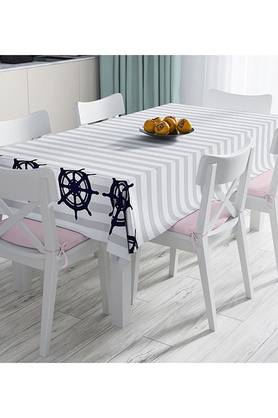 Realhomes Gray White Striped Anchor Patterned Digital Printed Tablecloth