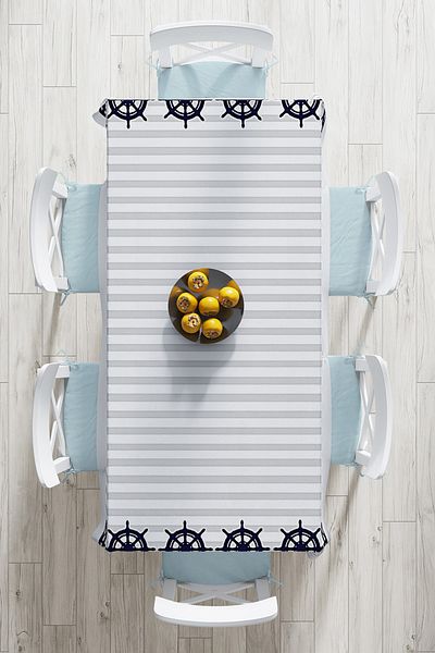 Realhomes Gray White Striped Anchor Patterned Digital Printed Tablecloth