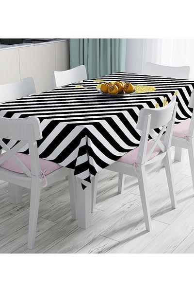 Realhomes Gold Detailed Heart Pattern Digital Printed Tablecloth with Black Horizontal Stripes on White Background
