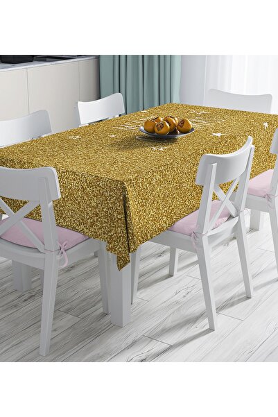 Realhomes Gold Zeminde Merry Christmas Yazılı Dijital Baskılı Masa Örtüsü