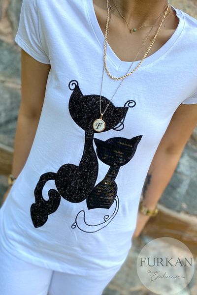 FEMELLE Tricou de damă din bumbac brodat cu paiete cu pisică albă