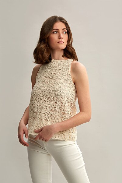 By Mare Style Loretta Top - Sleeveless Patterned, Natural Colored Cotton Embroidery Blouse