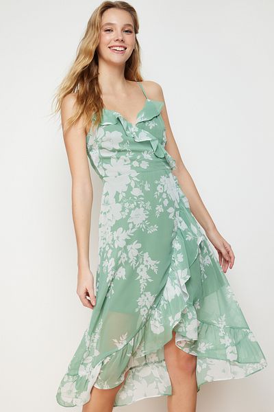 Trendyol Collection Πράσινη φλοράλ στάμπα με διπλό βολάν με λεπτομέρεια λουράκι μίντι σιφόν υφασμένο φόρεμα TWOSS19EL0375