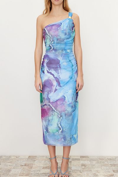 Trendyol Collection Multi-Colored One-Sleeve Body-Fitting Accessory Detailed Tulle Flexible Knitted Midi Pencil Dress TWOSS24EL00174