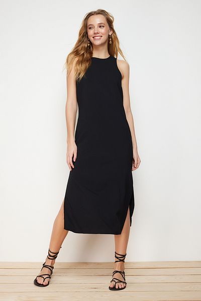 Trendyol Collection Black Straight Cut Sleeveless Midi Seersucker Woven Dress TWOSS24EL00230
