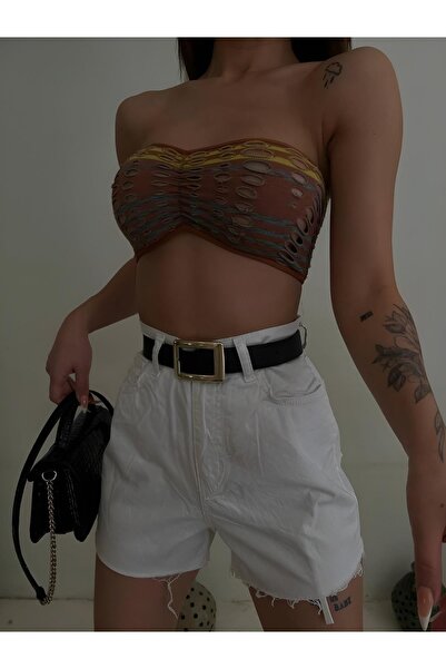 CeyssDesign İnce Kumaş Mini Lazer Kesim Yüksek Bel Kot Şort