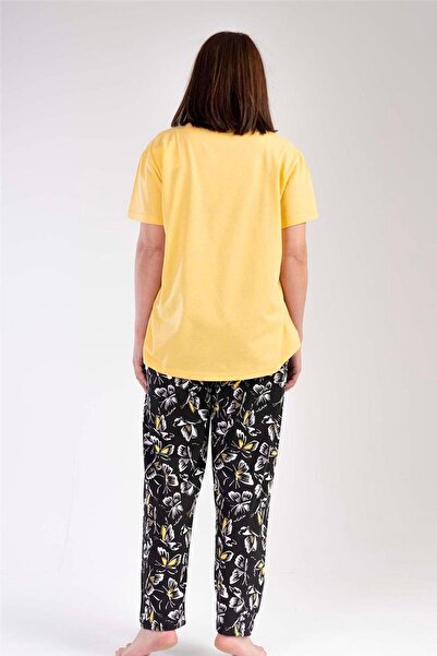 New Pajamas Kadın Sarı Büyük Beden Kısa Kollu Penye % 100 Pamuk Pijama Takımı